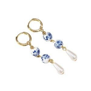 Blue Posy China Print Pearl Dangle Hoop Earrings